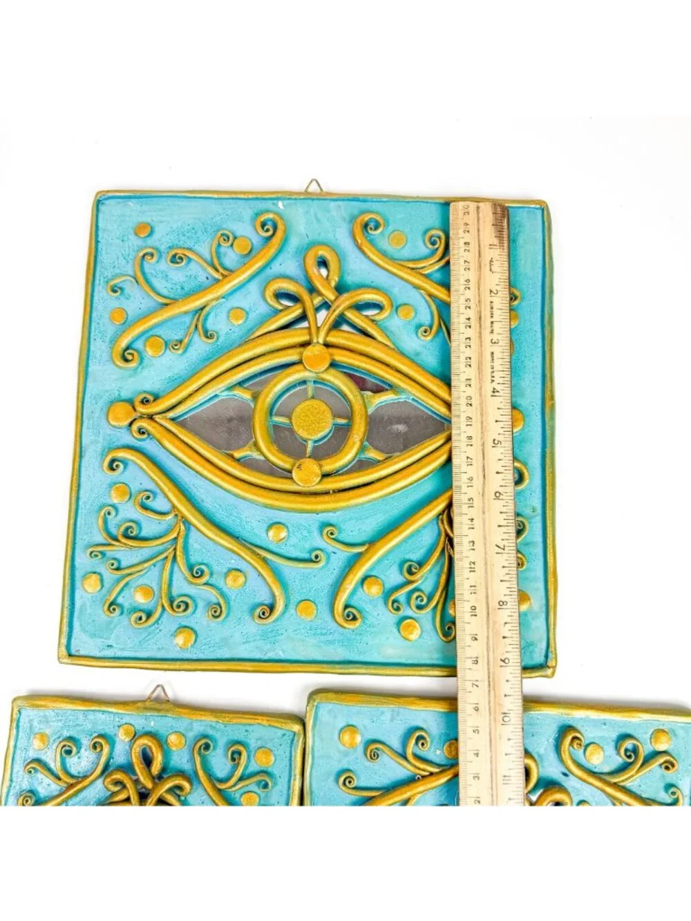 Lebanese Handmade Teal Gold Mirror Evil Eye Wall Hanging Decorations Set Of 3